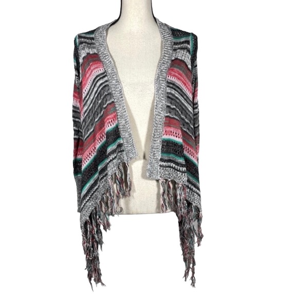 Poof Red Gray Black Open Front Knit Fringe Boho Long Sleeve Cardigan Sweater S - Picture 1 of 11